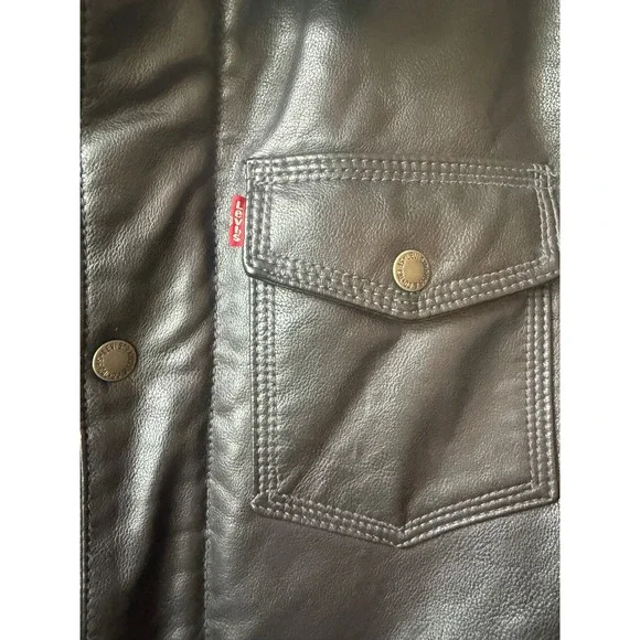 Levis Mens Black Faux Leather Sherpa Trucker Jacket Size S Bomber Full Zip - Picture 5 of 13